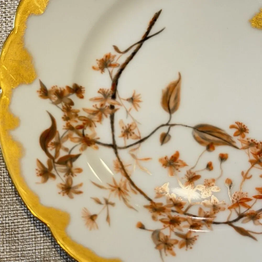 Antique H & Co Limoges Hand Painted Floral Orange Gold 7 3/4” Gold Edge Soft